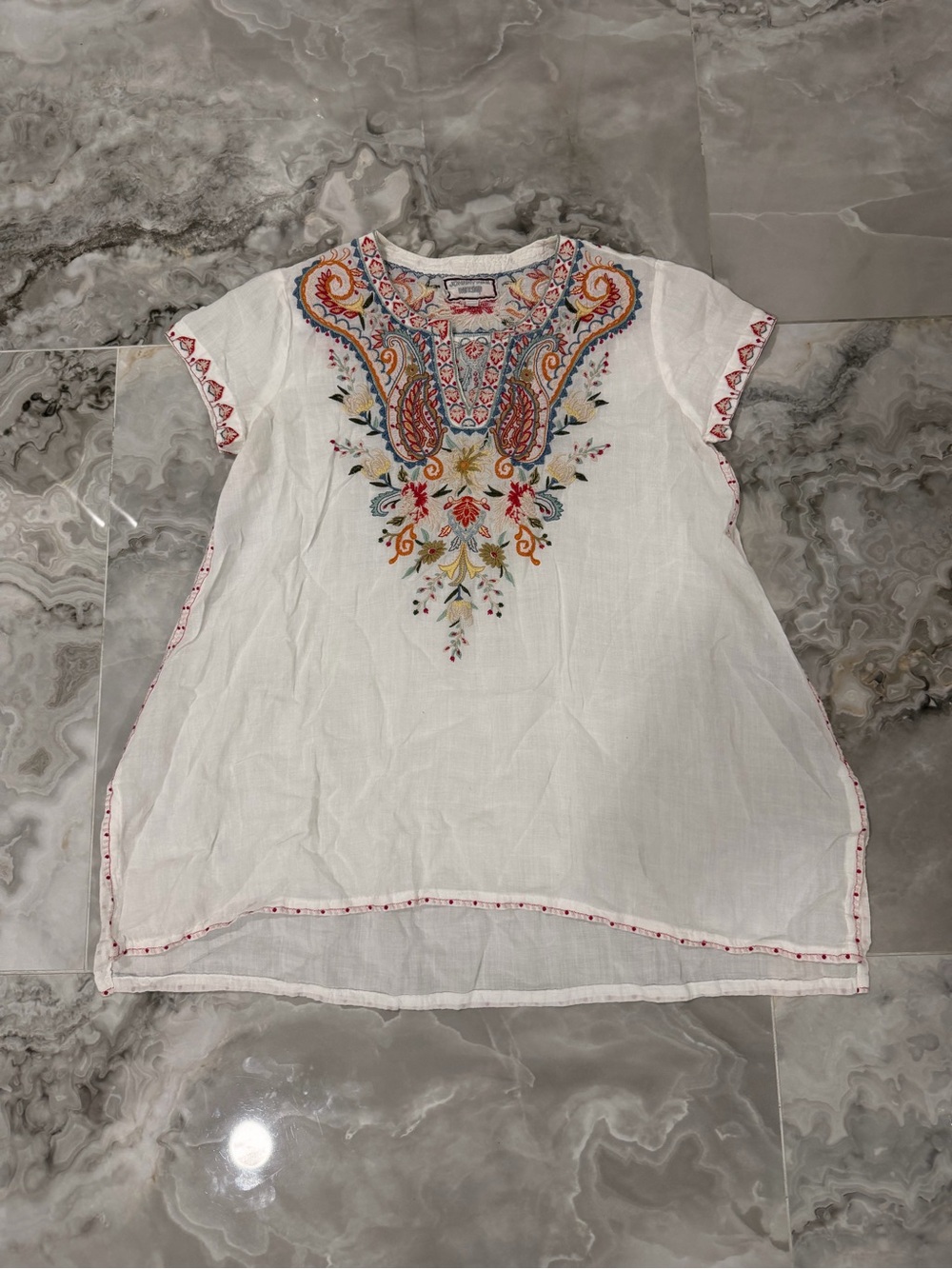 Johnny Was White Tunic with Multicolor Paisley Embroidery